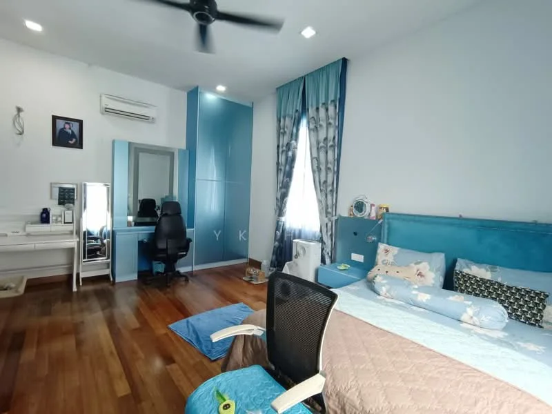Bedroom features: queen-size bed with blue headboard, bedding with floral pattern, 2 decorative pillows, wooden flooring, blue accent wall, white painted walls, floor-to-ceiling window with sheer curtains, ceiling fan, study desk with chair, mirror on desk, air conditioning unit, wall-mounted artwork, built-in wardrobe; style: modern.