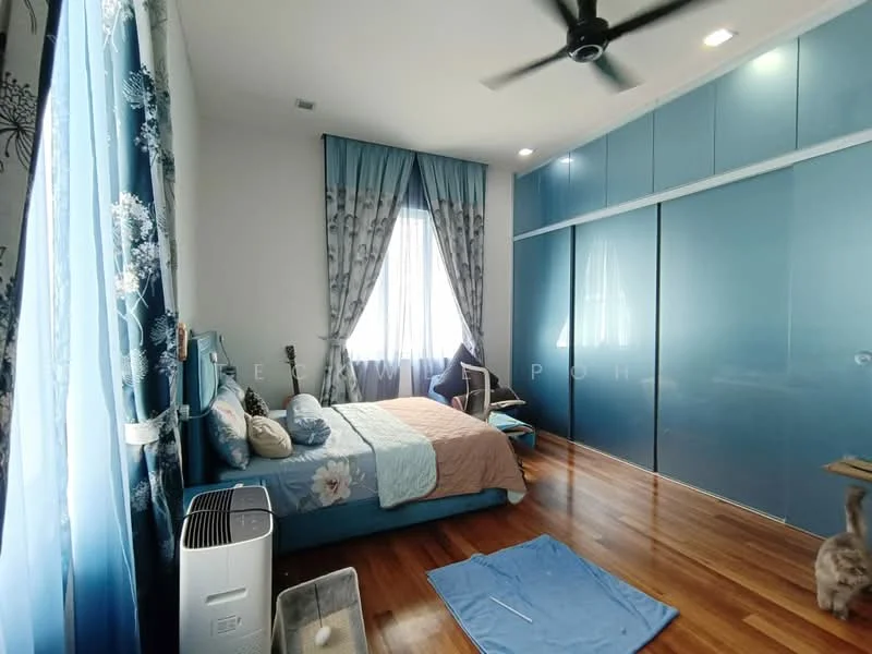 Bedroom features: queen-size bed with blue bedding, upholstered headboard, built-in wardrobe with sliding doors in blue, wooden flooring, floor-to-ceiling window with sheer curtains, ceiling fan, decorative wall art, area rug, air conditioning unit, bedside table; style: modern.