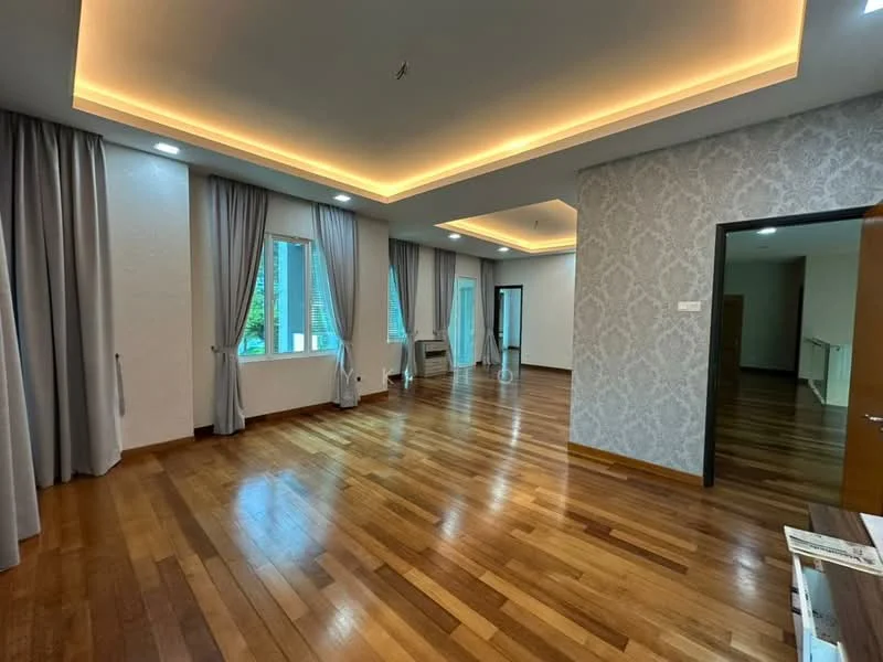 Room features: wooden flooring, recessed downlights, crown moulding, floor-to-ceiling windows, sheer curtains, grey accent wall, white painted walls, LED strip lighting; style: modern; view: garden.