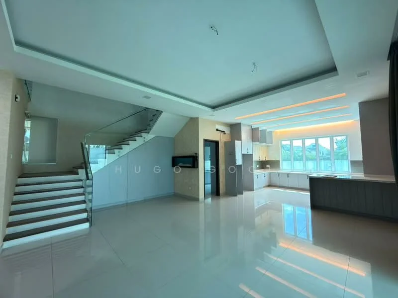 Living features: white painted walls, polished ceramic tile flooring, recessed downlights, floor-to-ceiling windows, open-plan layout, staircase with glass railing, built-in TV console, modern kitchen island, kitchen cabinetry with flat-panel design, large windows with garden view; style: modern; view: garden.