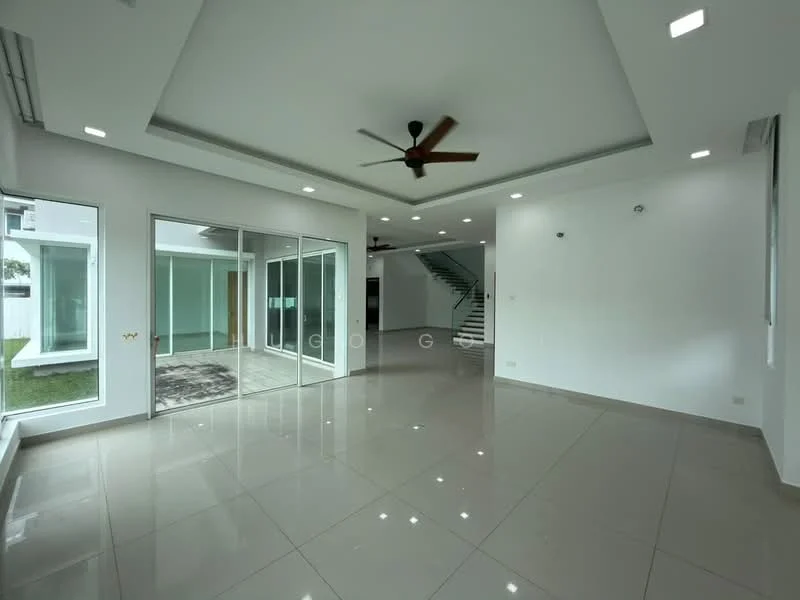 Living features: large floor-to-ceiling windows, sliding glass door, 5-blade ceiling fan with light, recessed downlights, white painted walls, tray ceiling, polished tile flooring, open layout, view of outdoor space; style: modern; view: garden. Room features: white painted walls, polished tile flooring.