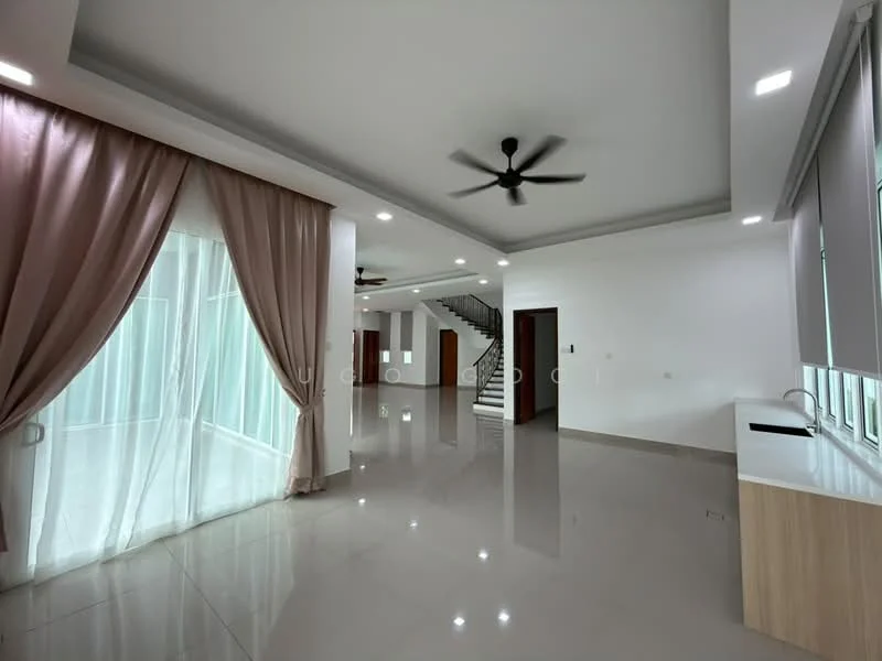 Living features: large floor-to-ceiling windows, sheer curtains, 5-blade ceiling fan with light, white painted walls, recessed LED downlights, polished ceramic tile flooring, open layout, access to staircase, natural light, neutral color palette; style: modern.