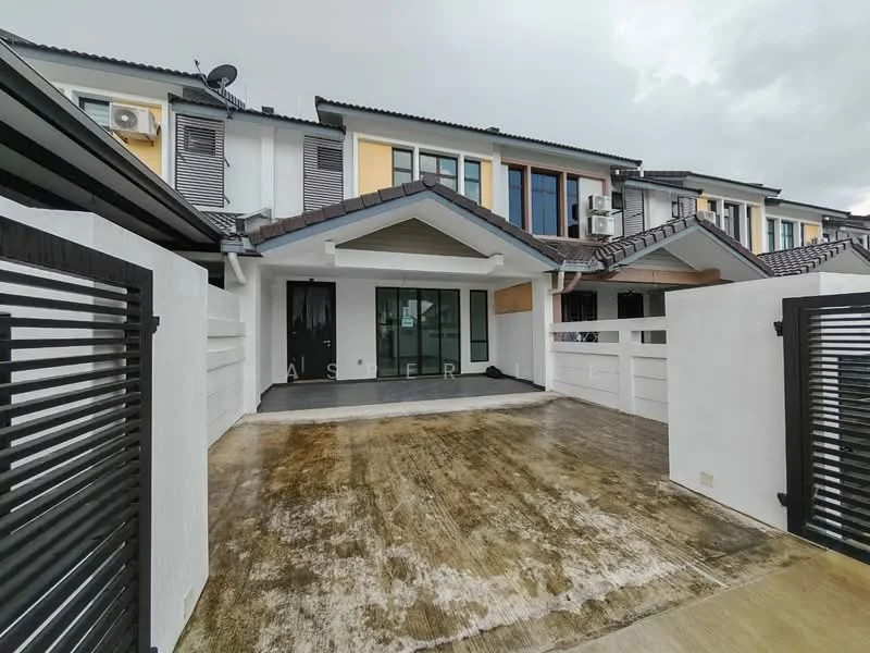 Exterior type: linked terrace house; features: flat roof, white painted facade, grey tiled roof, concrete driveway, manicured lawn, double-volume entrance, security gate, visible air conditioning units, surrounded by residential buildings; style: modern.