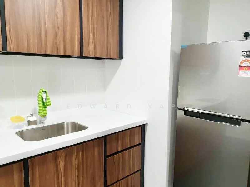 Kitchen features: single-bowl stainless-steel sink, chrome pull-down faucet, white quartz countertop, wood cabinetry with brown finish, built-in fridge, white tiled backsplash, kitchen towel hanging, counter space; style: modern.