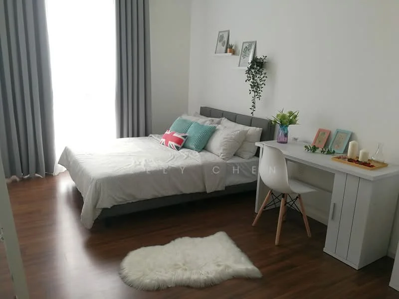 Bedroom features: queen-size bed with grey upholstered headboard, white bedding with decorative pillows, wooden flooring, floor-to-ceiling window with sheer curtains, desk with white finish, white chair, decorative wall shelves, houseplant on desk, area rug in white, decorative artwork on wall; style: modern.