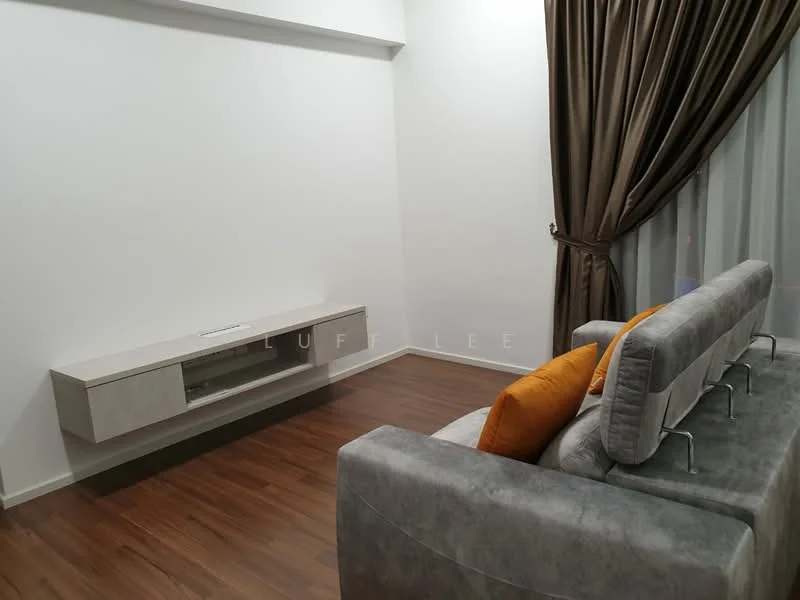 Living features: grey fabric sofa, orange decorative cushions, wooden flooring, white painted walls, wall-mounted TV console, floor-to-ceiling curtains, sheer curtains, recessed lighting; style: modern.