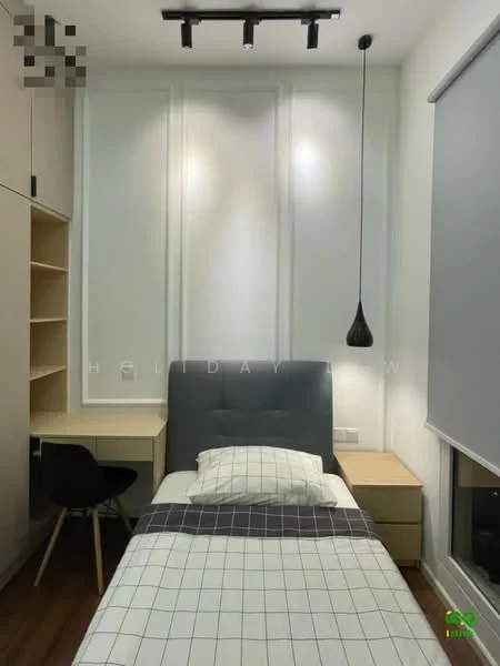 Bedroom features: single bed with grey upholstered headboard, white bedding with grid pattern, wooden bedside table, black pendant light, white painted walls with paneling, wooden flooring, desk with chair, built-in shelving unit, window with roller blinds, track lighting; style: modern.