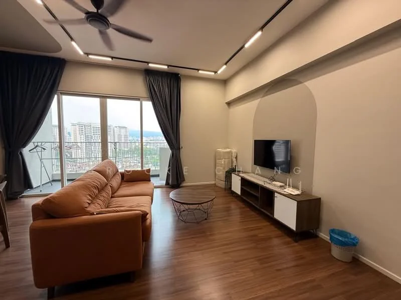 Living features: 3-seater fabric sofa in brown, round coffee table, wall-mounted TV, TV console in white and wood, floor-to-ceiling windows, sheer curtains, dark grey curtains, wooden flooring, ceiling fan with light, decorative wall arch; style: modern; view: city.
