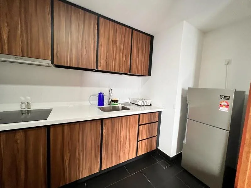 Kitchen features: brown wooden cabinetry, white countertop, single-bowl stainless-steel sink, chrome pull-down faucet, built-in stove, stainless-steel fridge, black tile flooring, white tiled backsplash; style: modern.