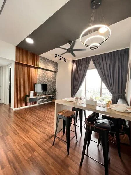 Dining features: wooden flooring, dark grey ceiling with recessed lighting, 5-blade ceiling fan with light, large window with sheer curtains, wood panel accent wall, TV mounted on wall, dining table with white top, black bar stools, decorative items on table, wall-mounted shelving, wall art, open layout to living area; style: modern; view: city.