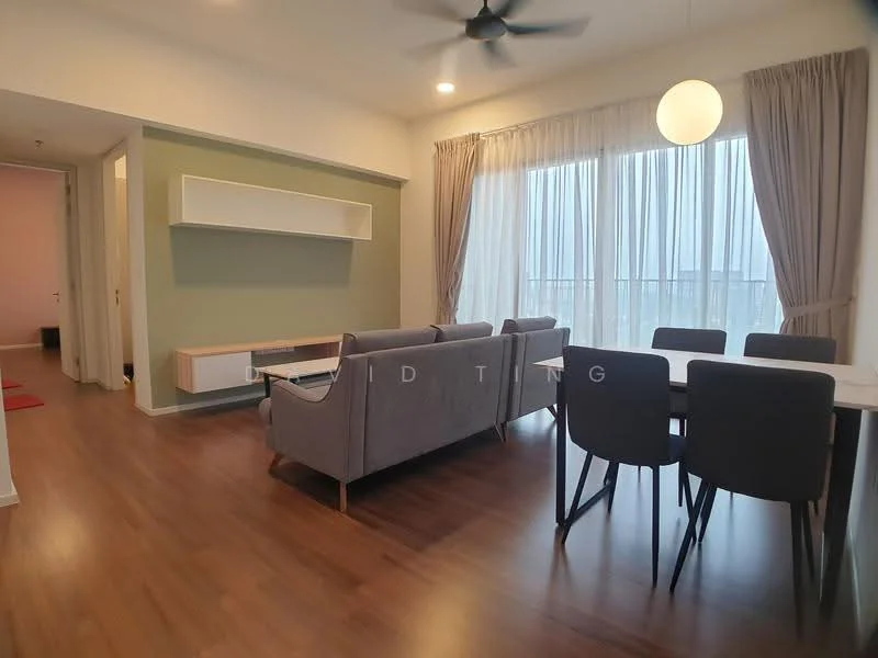 Living features: grey fabric sofa, 4-seater dining table, floor-to-ceiling windows, sheer curtains, wooden flooring, ceiling fan, wall-mounted shelf, green accent wall, pendant light; style: modern; view: city.