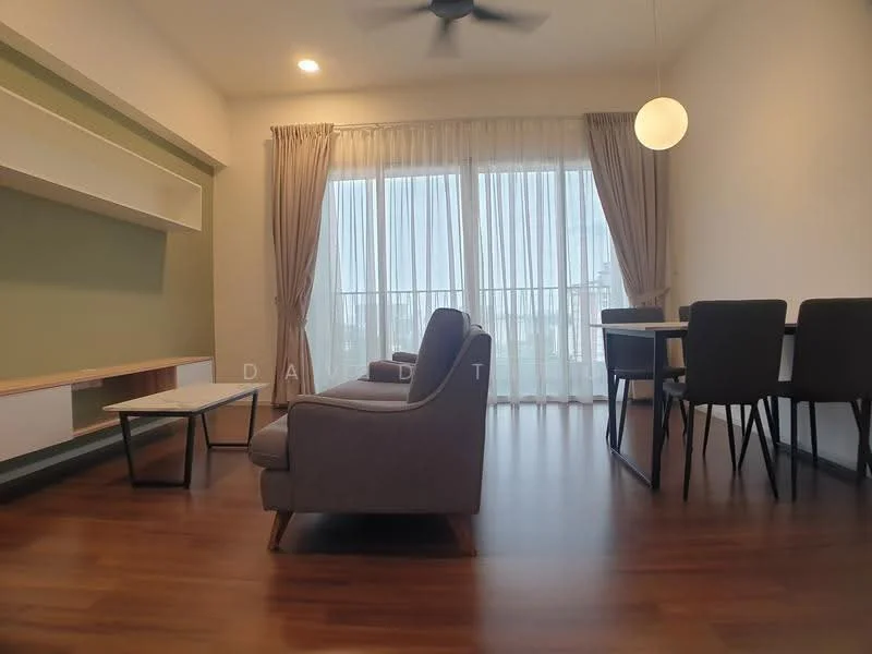 Living features: grey fabric sofa, wooden coffee table, 4-seater dining table, floor-to-ceiling windows, sheer curtains, wooden flooring, ceiling fan, wall-mounted shelf, green accent wall, decorative pendant light; style: modern; view: city.