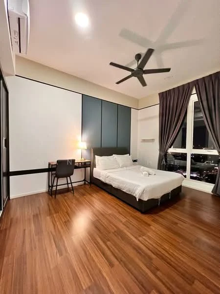 Bedroom features: queen-size bed with white bedding, upholstered headboard, wooden flooring, 5-blade ceiling fan, desk with chair, floor-to-ceiling window, curtains, wall-mounted air conditioning unit, nightstand with lamp, decorative wall paneling; style: modern; view: city.