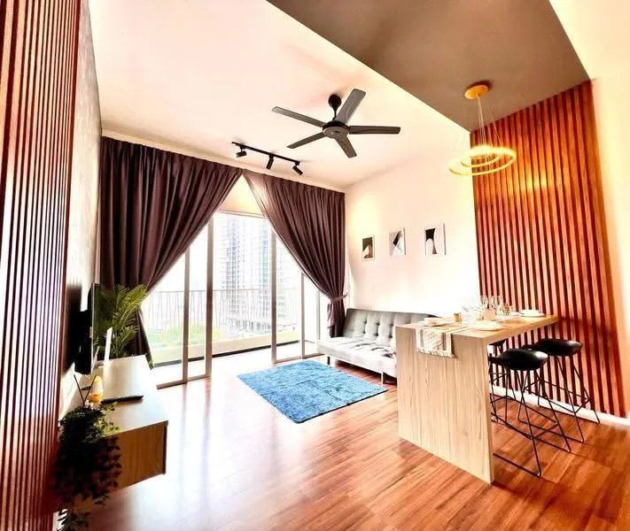 Living features: grey fabric sofa, wooden coffee table, black bar stools, blue area rug, 5-blade ceiling fan, recessed LED downlights, wood panel accent wall, floor-to-ceiling windows with sheer curtains, dining table for two, decorative wall art; style: modern; view: city.