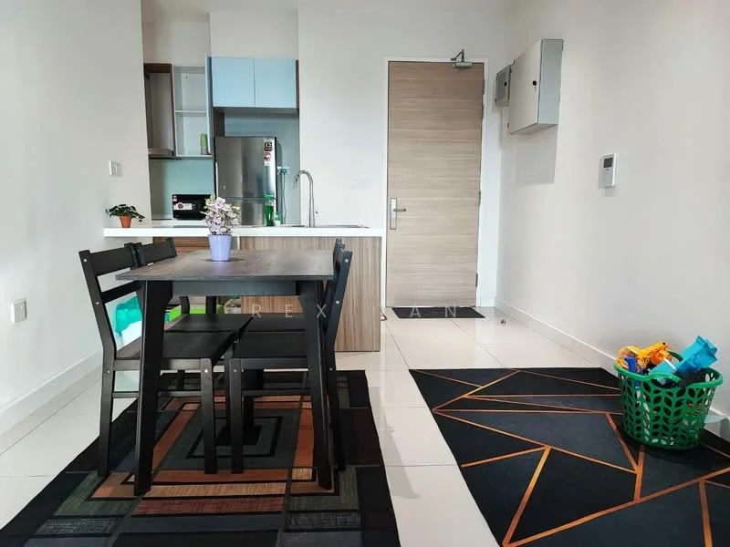 Dining features: 4-seater dining table, black wooden dining chairs, white walls, glossy tile flooring, kitchenette with upper cabinets, stainless-steel fridge, countertop with storage, decorative plant on table, basket with toys, area rug with geometric pattern; style: modern.