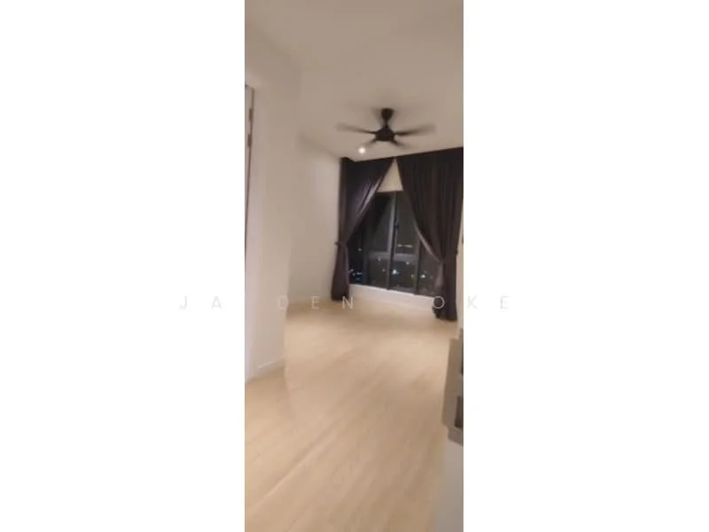Room features: light wood flooring, 5-blade ceiling fan, floor-to-ceiling windows, dark curtains, neutral wall color, recessed lighting; style: modern; view: city.