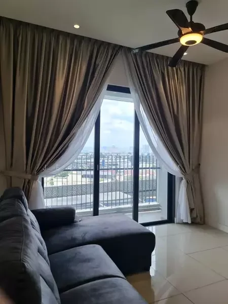 Living features: 3-seater fabric sofa in grey, floor-to-ceiling windows, sheer curtains, blackout curtains, 5-blade ceiling fan with light, glossy tile flooring, city view, decorative wall, recessed lighting; style: modern; view: city.