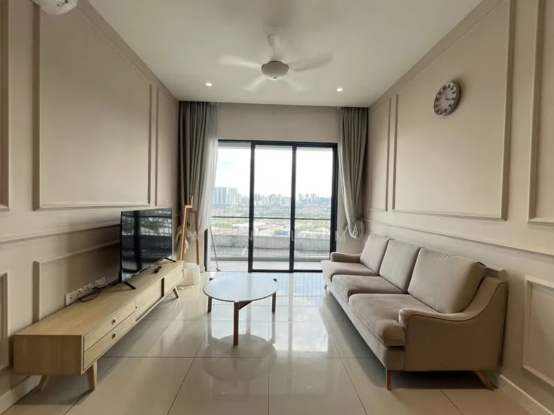 Living features: 3-seater fabric sofa in light beige, wooden coffee table with round top, wall-mounted TV, TV console with drawers, floor-to-ceiling windows, sheer curtains, ceiling fan with light, decorative wall clock, white painted walls with paneling, glossy tile flooring, city skyline view; style: modern; view: city.