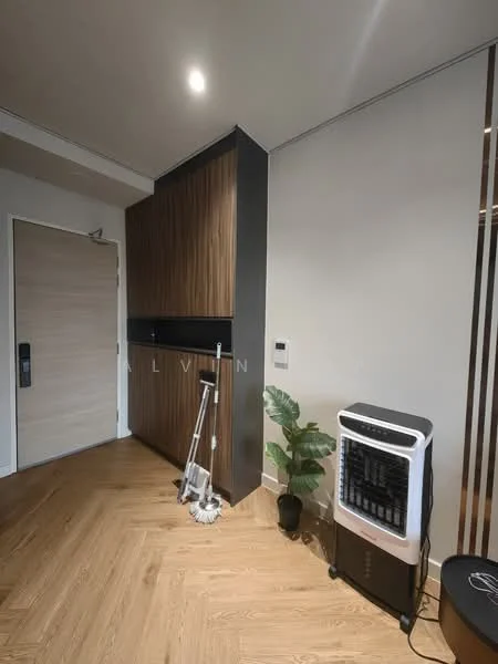 Room features: wooden flooring, dark wood cabinetry, light-colored walls, recessed ceiling lights, floor-mounted air cooler, indoor plant in ceramic pot, modern door with electronic lock, clean lines and minimalist decor; style: modern.