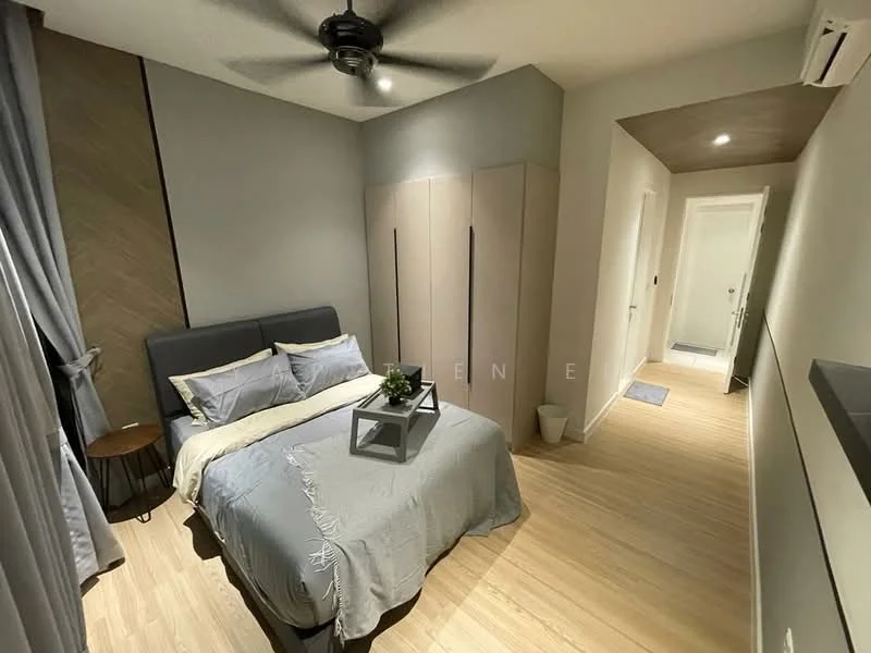 Bedroom features: queen-size bed with grey bedding, upholstered headboard, nightstand with lamp, built-in wardrobe with sliding doors, light wood flooring, ceiling fan, grey curtains, decorative wall paneling, wall-mounted air conditioning unit, white walls; style: modern.