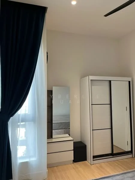 Bedroom features: floor-to-ceiling window, blackout curtains, light wood flooring, white wardrobe with mirrored doors, white dresser, decorative mirror, recessed downlights, ceiling fan; style: modern.