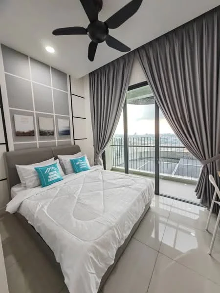 Bedroom features: king-size bed with upholstered headboard, white bedding, two decorative pillows in turquoise, floor-to-ceiling windows, grey curtains, white tiled flooring, 5-blade ceiling fan, wall-mounted artwork, built-in wardrobe; style: modern; view: city.