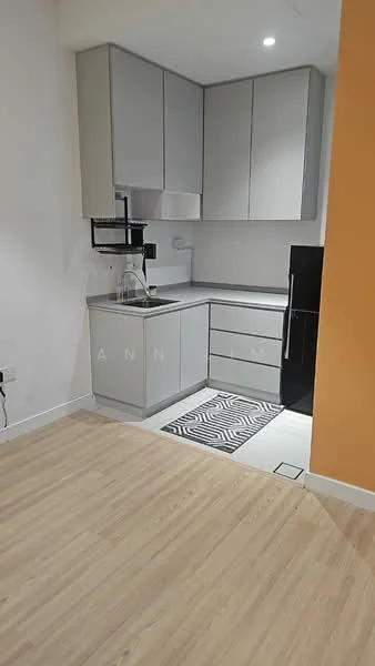 Kitchen features: grey cabinetry, white countertop, stainless-steel sink, chrome pull-down faucet, built-in microwave, black refrigerator, ceramic tile flooring, recessed downlights, black and white patterned rug, open shelving, wall-mounted kitchen rack; style: modern.