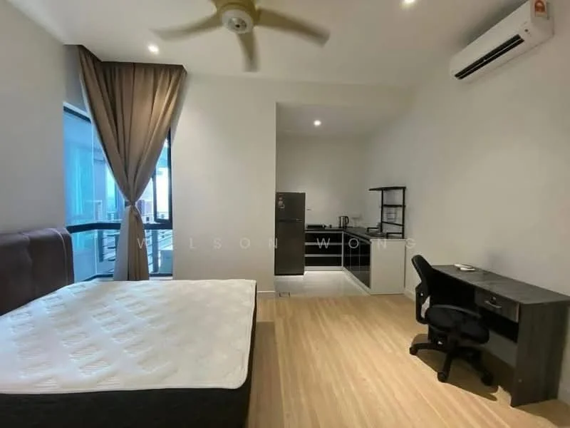Bedroom features: queen-size bed, upholstered headboard, wooden flooring, floor-to-ceiling windows, sheer curtains, wall-mounted split AC, study desk, office chair, refrigerator, kitchenette with sink, black shelving unit, light fixtures, decorative wall, ceiling fan; style: modern; view: city.