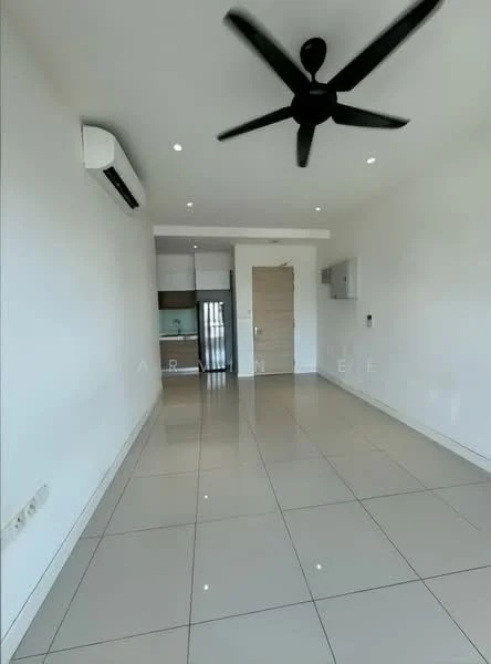 Living features: white painted walls, glossy ceramic tile flooring, 5-blade ceiling fan with light, wall-mounted split AC, recessed downlights, open layout, kitchen area visible in background, neutral color scheme; style: modern.