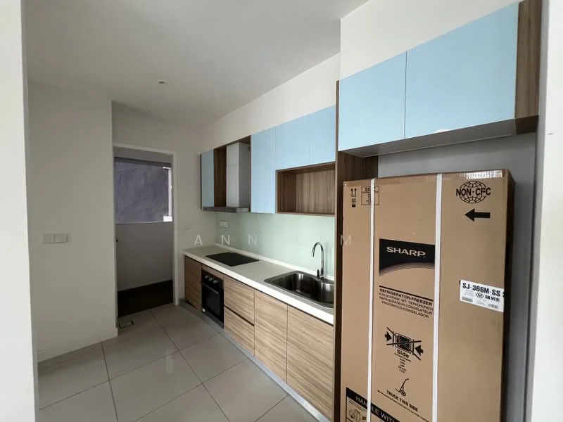 Kitchen features: light blue upper cabinets, wooden lower cabinets, stainless-steel sink, chrome pull-down faucet, built-in oven, countertop with tile backsplash, white walls, grey tile flooring, window for natural light, space for refrigerator, open layout, no visible appliances other than oven; style: modern.