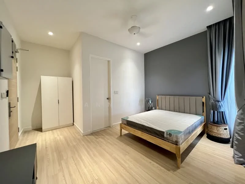 Bedroom features: queen-size bed, upholstered headboard, wooden bed frame, light wood flooring, grey accent wall, white painted walls, floor-to-ceiling window, sheer curtains, ceiling fan with light, built-in wardrobe, decorative basket; style: modern.