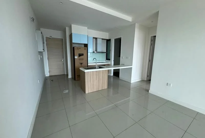 Kitchen features: island kitchen with breakfast bar, white cabinetry, light wood cabinetry, stainless-steel sink, chrome pull-down faucet, built-in oven, freestanding fridge, ceramic tile flooring, recessed downlights, open layout, neutral wall colour, large windows for natural light; style: modern.