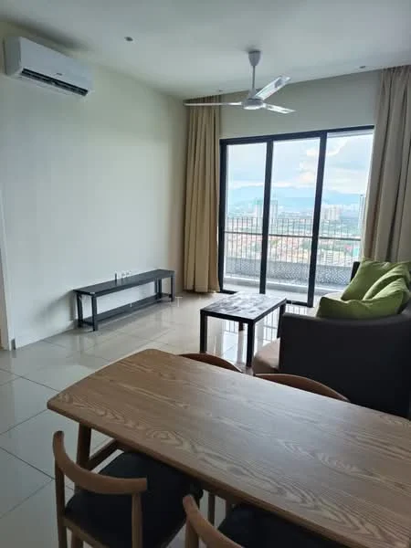 Living features: floor-to-ceiling windows, sliding glass door, curtains, 5-blade ceiling fan, wall-mounted air conditioning unit, light-colored walls, glossy tile flooring, wooden coffee table, sofa with green cushions, TV console, dining table with wooden chairs; style: modern; view: city.