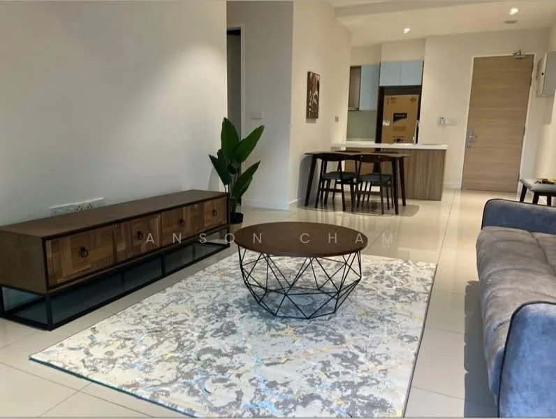 Living features: grey fabric sofa, round coffee table with black metal base, area rug with abstract pattern, wooden TV console with drawers, dining table with four chairs, white painted walls, tile flooring, recessed downlights, open layout to kitchen, floor-to-ceiling windows, green indoor plant; style: modern.