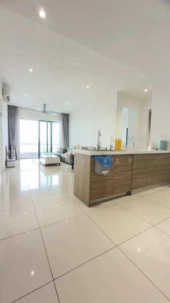 Kitchen features: white painted walls, glossy white tile flooring, kitchen island with wood cabinetry, stainless-steel sink, chrome pull-down faucet, recessed LED downlights, floor-to-ceiling windows, sliding glass door, sheer curtains, open layout to living area, air conditioning unit, countertop with space for appliances; style: modern; view: city. Living features: grey fabric sofa, coffee table, TV console, area rug, floor-to-ceiling windows, sliding glass door, recessed LED downlights; style: modern; view: city.