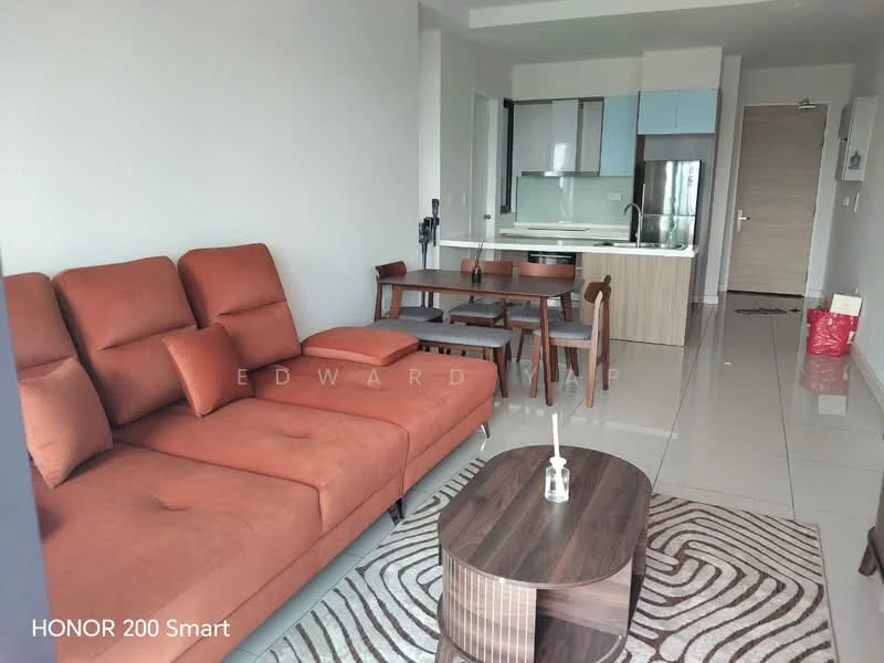Living features: 3-seater fabric sofa in orange, coffee table with wooden surface, area rug with geometric pattern, dining table for 4 with wooden surface, floor-to-ceiling windows, grey painted walls, ceramic tile flooring, recessed downlights, open-plan layout to kitchen; style: modern. Kitchen features: kitchen cabinetry in light wood, stainless-steel fridge, built-in oven, 4-burner gas hob, single-bowl stainless-steel sink, chrome pull-down faucet, white quartz countertop, tile backsplash, open shelving; style: modern.