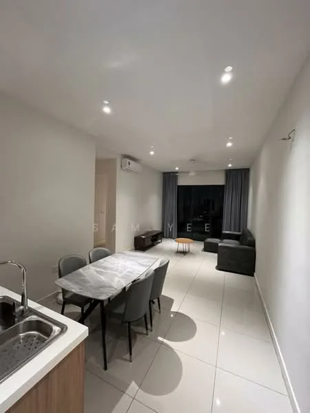 Living features: grey leather sofa, coffee table, TV console, wall-mounted TV, recessed LED downlights, floor-to-ceiling windows, curtains, air conditioning unit, white painted walls, glossy tile flooring; style: modern. Dining features: 6-seater dining table with marble top, grey upholstered dining chairs, kitchen island with sink, stainless-steel sink, chrome faucet; style: modern.