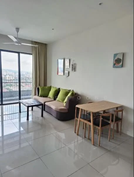 Living features: 3-seater fabric sofa in brown, 2 green accent cushions, wooden coffee table, wooden dining table for 4, 4 wooden dining chairs, floor-to-ceiling windows, curtains, white painted walls, glossy tile flooring, ceiling fan; style: modern; view: city.