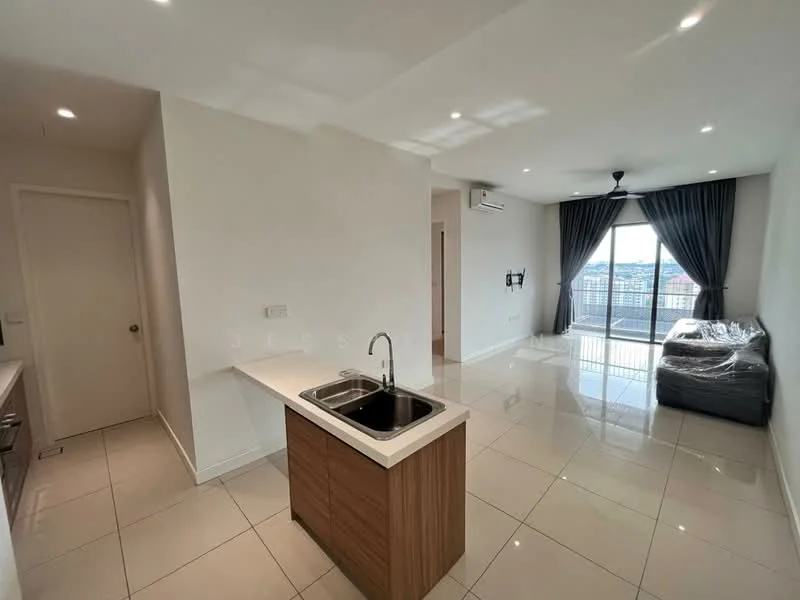 Kitchen features: single-bowl stainless-steel sink, chrome pull-down faucet, white cabinetry, countertop with overhang for seating, built-in oven, stainless-steel range hood; style: modern. Living features: floor-to-ceiling windows, sliding glass door, grey curtains, 3-seater fabric sofa, ceiling fan, recessed LED downlights, glossy tile flooring, wall-mounted TV, coffee table; style: modern; view: city.