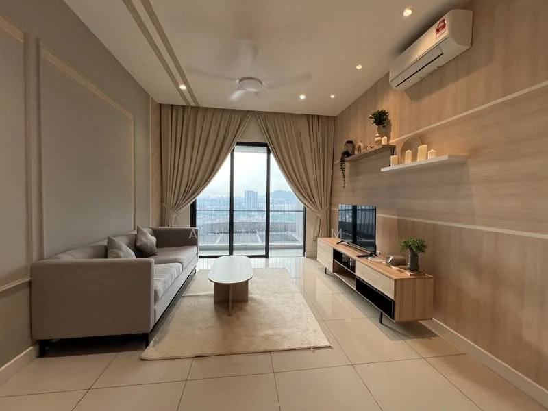 Living features: 3-seater fabric sofa in light grey, coffee table, TV console, wall-mounted TV, area rug, floor-to-ceiling windows, curtains, ceiling fan, air conditioning unit, decorative shelf with plants and decor items, light-colored wall with paneling, glossy tile flooring; style: modern; view: city.