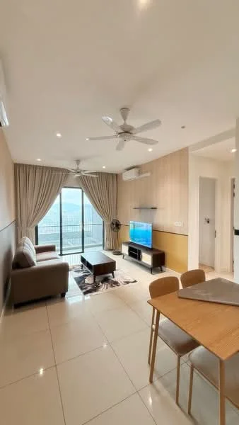 Living features: 3-seater fabric sofa in beige, coffee table, wall-mounted TV, TV console, area rug with geometric pattern, 5-blade ceiling fan with light, floor-to-ceiling windows, curtains, recessed downlights, white painted walls, cream accent wall, tile flooring; style: modern; view: city. Dining features: 4-seater dining table, wooden dining chairs, decorative centerpiece; style: modern; view: city.