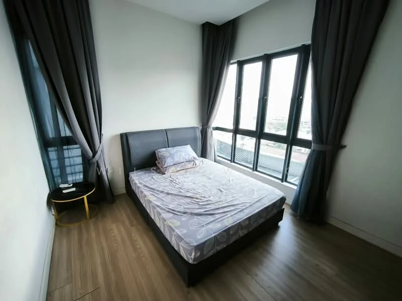 Bedroom features: king-size bed, upholstered headboard, grey bed linens, wooden flooring, floor-to-ceiling windows, blackout curtains, side table with gold frame, decorative wall, city view; style: modern; view: city.