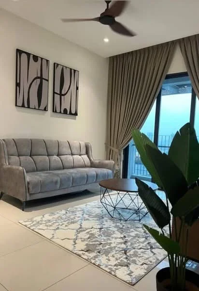 Living features: 3-seater fabric sofa in grey, coffee table with geometric design, area rug with abstract pattern, floor-to-ceiling windows, curtains in beige, ceiling fan, decorative wall art, indoor plant; style: modern; view: city.