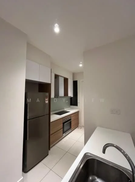 Kitchen features: stainless-steel fridge, built-in oven, ceramic cooktop, white cabinetry with flat-panel design, wooden lower cabinets, white countertop, single-bowl stainless-steel sink, chrome pull-down faucet, recessed LED downlights, tile flooring, neutral wall color; style: modern.