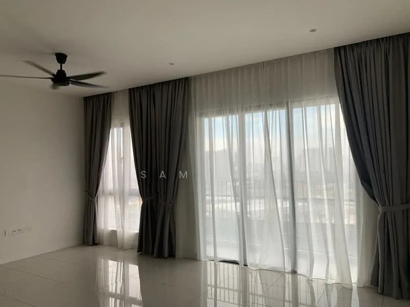 Living features: white painted walls, polished tile flooring, 5-blade ceiling fan, floor-to-ceiling windows, sheer curtains, grey curtains, natural light, open layout; style: modern; view: city.