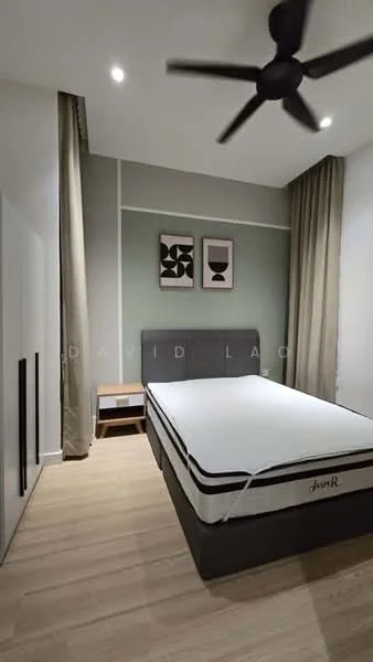 Bedroom features: queen-size bed base, upholstered headboard, wooden flooring, 5-blade ceiling fan, two bedside tables, framed artwork on walls, curtains, built-in wardrobe with sliding doors, neutral wall colors, recessed lighting; style: modern.