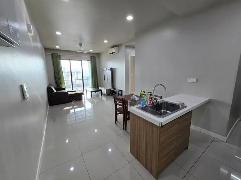 Living features: grey tiled flooring, white painted walls, 5-blade ceiling fan with light, floor-to-ceiling windows, green curtains, brown fabric sofa, wooden dining table with chairs, kitchen island with white countertop, stainless-steel sink, built-in cabinetry, refrigerator, wall-mounted air conditioning unit; style: modern; view: city.