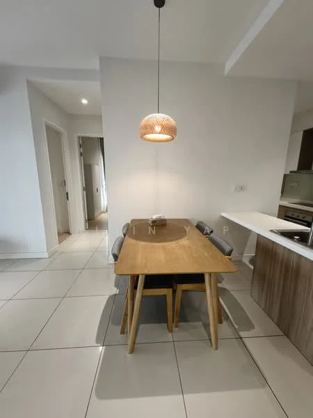 Dining features: wooden dining table, 4 dining chairs, pendant light fixture, white walls, tile flooring, open layout, kitchen counter visible, natural light from adjacent room; style: modern.