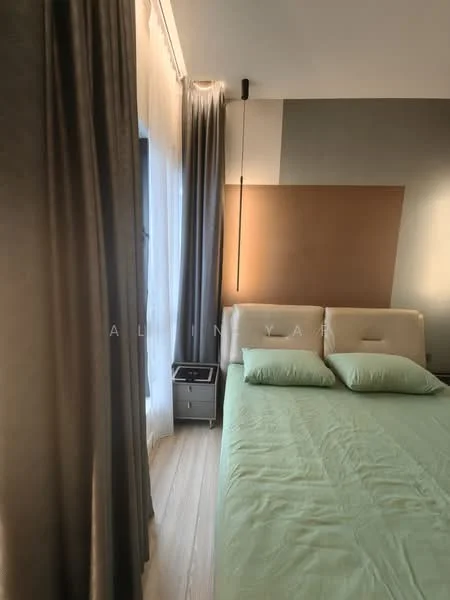 Bedroom features: king-size bed with light green bedding, upholstered headboard, bedside table with drawer, floor-to-ceiling windows, sheer curtains, dark grey curtains, wall-mounted light fixture, wooden flooring, accent wall in brown, decorative wall panel; style: modern.