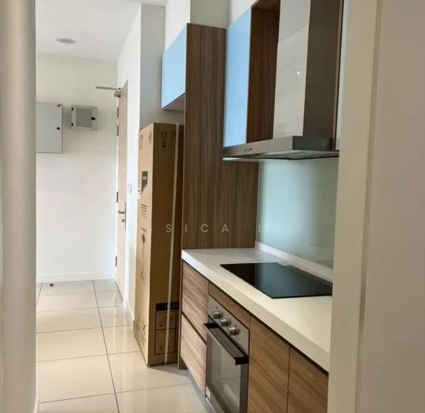 Kitchen features: white cabinets, wooden cabinetry, blue upper cabinets, black countertop, built-in oven, stainless-steel cooktop, glass backsplash, tile flooring, recessed lighting, kitchen ventilation hood; style: modern.
